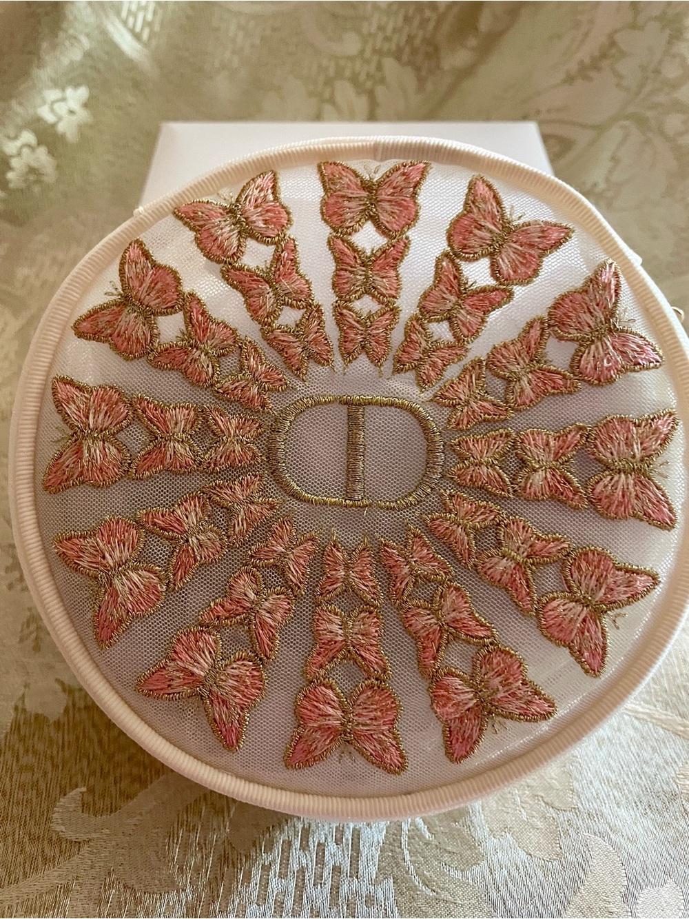 Dior Round Pink & Gold Embroidered Butterfly Cosmetic Pouch
